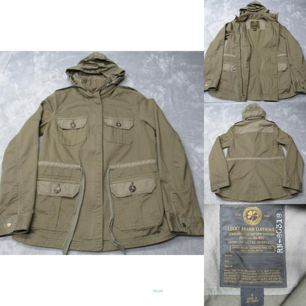 Lucky Brand Field Jacket Women Small Army Green Hood Military Utility Field VTG